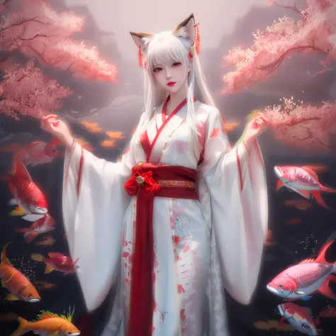 ((4k,masterpiece,best quality)), shuimobysim, traditional chinese ink painting, lotus, hanfu, maxiskit, dress conservatively
1 girl, solo, white hair, long hair, fox ears, white, bikini, fish, many fish near girl, look at viewer, tease