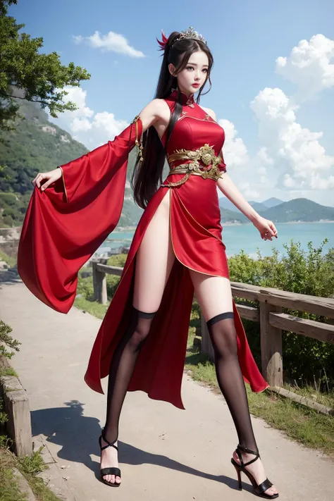 a sexy woman, (best quality), (masterpiece), (1girl), slim, anime, (flat chested), (chinese dress), (running), (protrait), (naked legs)