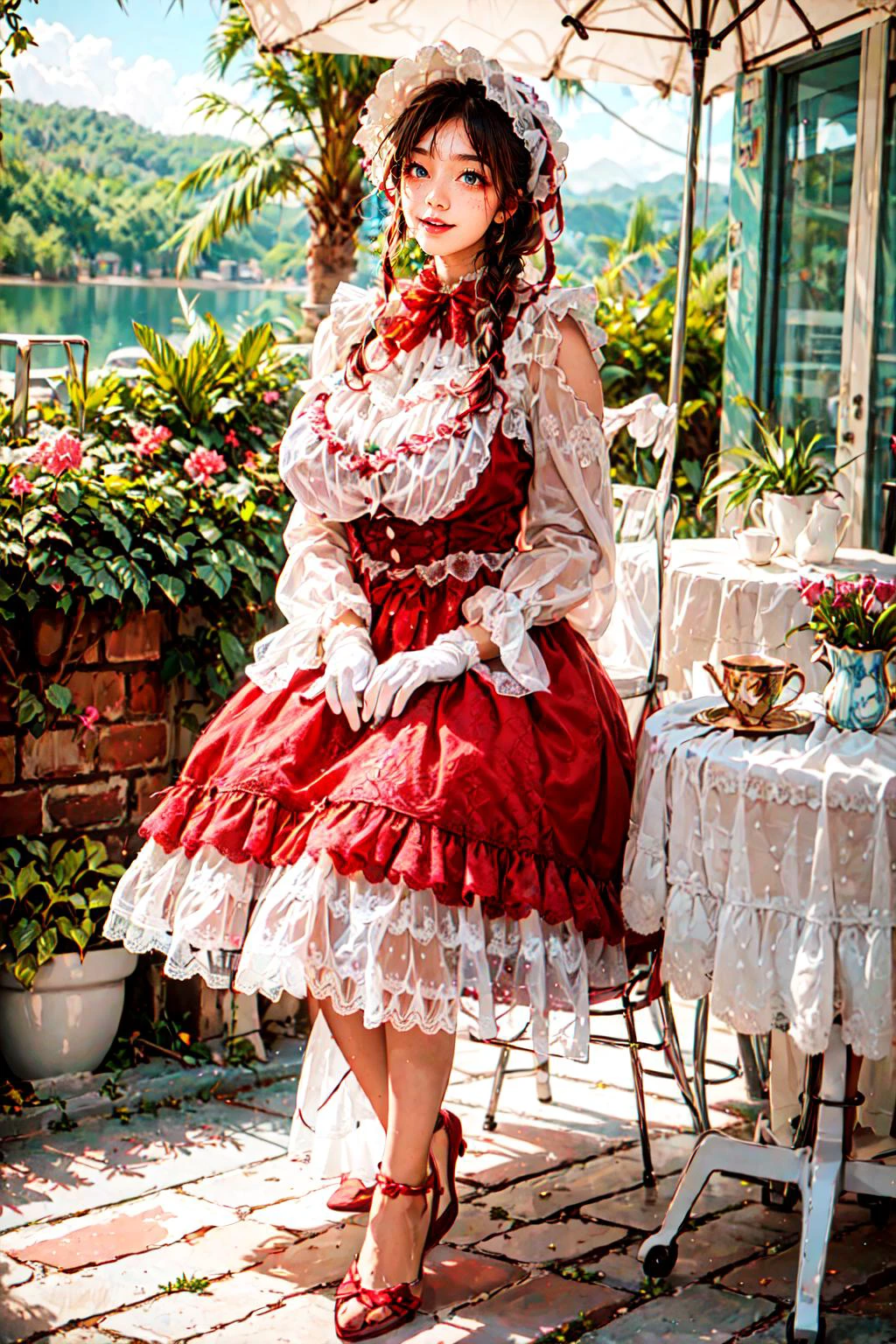 <lora:Chrismas D:0.7>, (((Chrismas D,red dress,frills,frilled dress,long sleeves,layered dress,white gloves,bonnet)), lipstick, very long hairs, black eyeshadow, eyelashes):1.22,
BREAK ((((1woman)), young woman, adorable, clear face, young face, solo)), (((full body))):1.34, ((milky skin, curvy body, slender body, woman hands, good anatomy)),
((drinking posture, a woman sitting on a chair, holding a cup of tea)):1.18,
BREAK soft light, cinematic lighting, detailed(shadow, glow),
BREAK <lora:add_detail:0.45>, extremely detailed, ,4K, CG, finely detailed, (masterpiece, best quality):2.0, ((photorealistic:1.15)),
BREAK <lora:uber_saggy2:0.68>, saggy, sagging_breasts, <lora:Big_boobs:0.76>, ((huge breasts)), <lora:GoodHands-vanilla:0.74>,
((outdoors, scenery, lake background, garden, chair, table, clear sky, cozy, flowers, plants, ((a cup of tea)), rim light)), <lora:Front face lighting åé¢ã©ã¤ãã¢ãã v2:0.65>