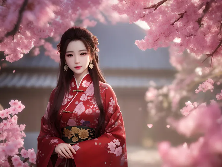 masterpiece,extremely detailed CG unity 8k wallpaper,1girl, beautiful, realistic, blurry, blurry_background, blurry_foreground, branch, brown_hair, plum blossom, depth_of_field, earrings, flower, jewelry, nose, realistic, solo,chinese clothes,fingers hidden, arms hidden