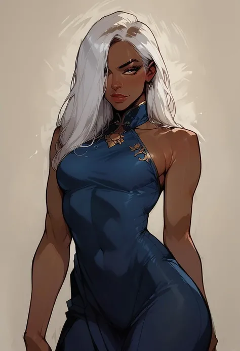 score_9, score_8_up, score_7_up, western cartoon, 1girl, Asian,cheekbones, attractive woman, dark skin, bare shoulders,seductive, Long Hair, white hair, hair over one eye, straight hair, blue qipao, sexy pose, standing, small breasts, small boobs, slender build