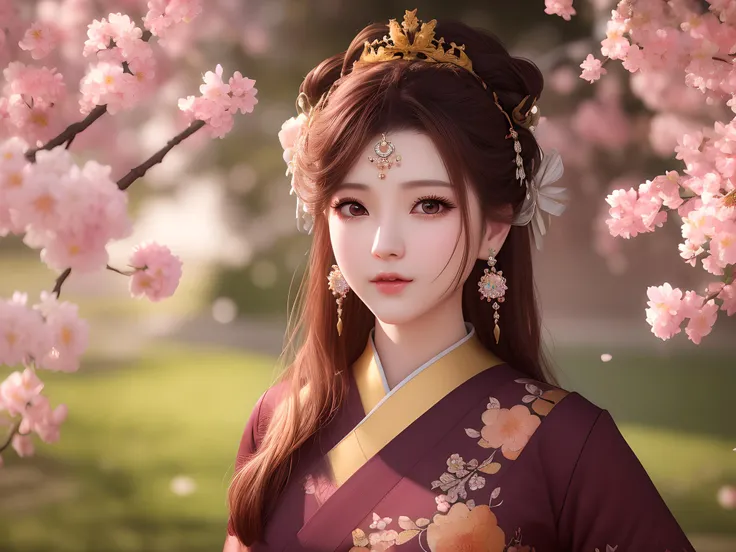masterpiece,extremely detailed CG unity 8k wallpaper,1girl, beautiful, realistic, blurry, blurry_background, blurry_foreground, branch, brown_hair, hair_bow,crown,plum blossom, depth_of_field, earrings, flower, jewelry, nose, realistic, solo,fingers hidden, arms hidden,empress