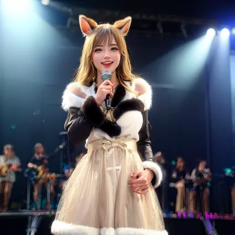 solo, anthro, female, standing, microphone, singing, skirt lift, looking at viewer, smile, blush, dress, stage, stage lights, (pussy:1.2), blonde hair, digitigrade, hooves, crowd, audience, (masterpiece, best quality, realistic, detailed, detailed fur, hi res, photograph:1.2), <lora:more_details:0.4>, <lora:gazelle-v2-locon:0.8>, (8k, uhd, ultra-detailed, depth of field,:1.1)