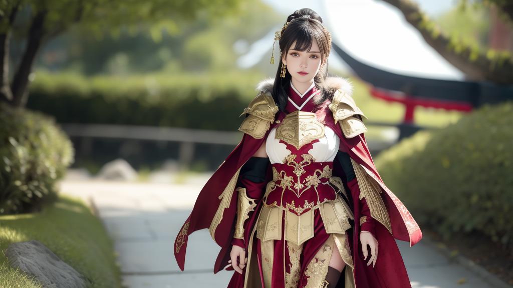 Araffe dressed in a red and gold costume walking down a path - SeaArt AI