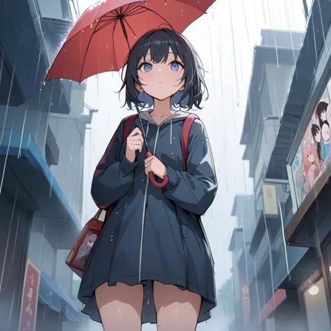 girl, standing, holding a umbrella, rain, lookup the sky,lulu01,manga , masterpiece, best quality