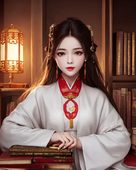 best quality, masterpiece, highres, 1girl,Beautiful face,chinese clothes,white Taoist robes,in room,holding book,bookcase,oil lamp,Warm light