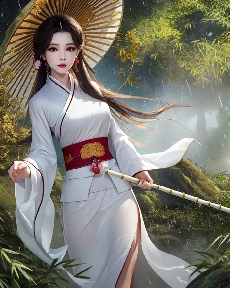 best quality, masterpiece, highres, 1girl,Beautiful face,chinese clothes,white Taoist robes,holding oli paper umbrella,bamboo forest, rain, panda