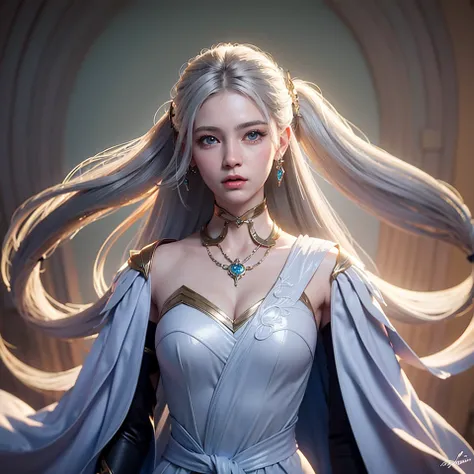 best quality, masterpiece,white hair, blue eyes, upper body,Gorgeous background,1girl, Flowing hair,brunette