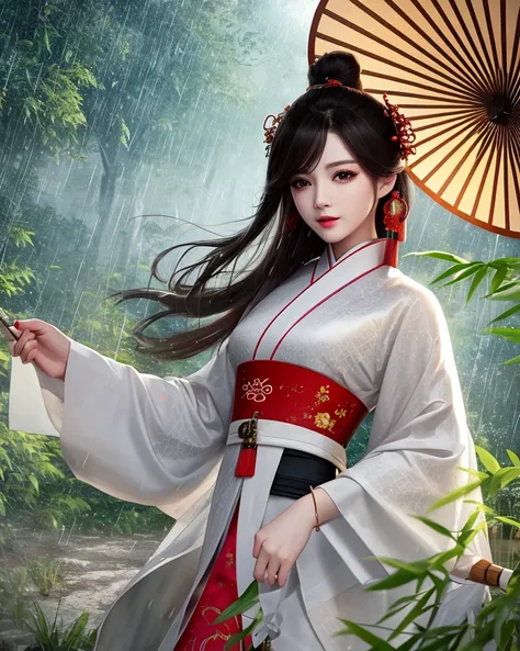 best quality, masterpiece, highres, 1girl,Beautiful face,chinese clothes,white Taoist robes,holding oli paper umbrella,bamboo forest, rain