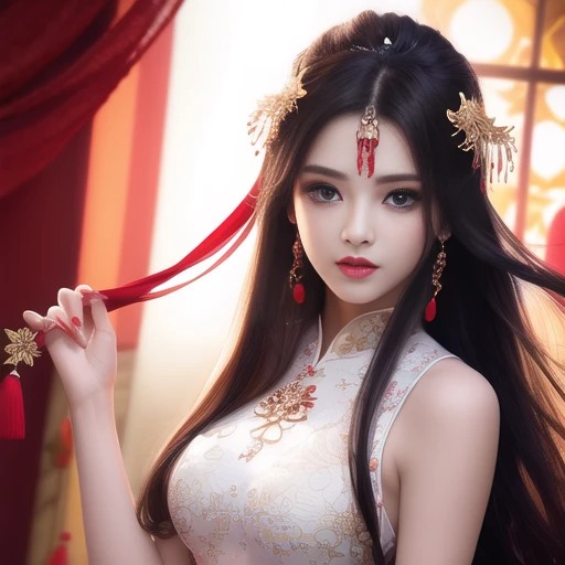 best quality, masterpiece, Beautiful face,1girl, long_hair, solo, upper_body, china dress,dress,hair ornament, necklace, jewelry, long hair, earrings, chinese clothes