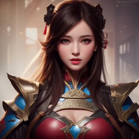 best quality, masterpiece, highres,1 girl,  beautiful face, chinese clothes with superhero leather uniform, (ultra-detailed metal armor), colorful, painting burst, artstation, concept art, smooth, sharp focus, illustration, background with east asian architecture, art by artgerm and greg rutkowski and alphonse mucha