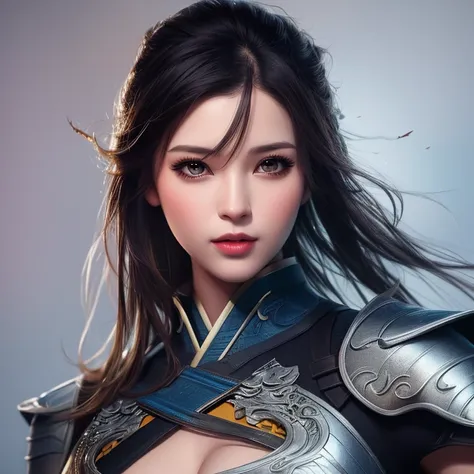 best quality, masterpiece, highres,1 girl,  beautiful face, chinese clothes with superhero leather uniform, (ultra-detailed metal armor), colorful, painting burst, artstation, concept art, smooth, sharp focus, illustration, background with east asian architecture, art by artgerm and greg rutkowski and alphonse mucha