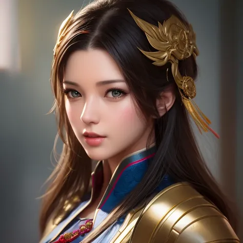 best quality, masterpiece, highres,1 girl,  beautiful face, chinese clothes with superhero leather uniform, (ultra-detailed metal armor), colorful, painting burst, artstation, concept art, smooth, sharp focus, illustration, background with east asian architecture, art by artgerm and greg rutkowski and alphonse mucha