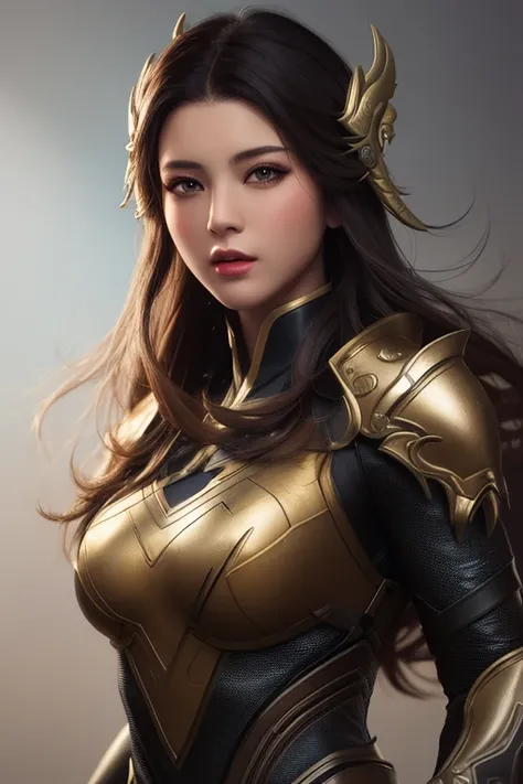 best quality, masterpiece, highres,1 girl,  beautiful face, chinese clothes with superhero leather uniform, (ultra-detailed metal armor), colorful, painting burst, artstation, concept art, smooth, sharp focus, illustration, background with east asian architecture, art by artgerm and greg rutkowski and alphonse mucha