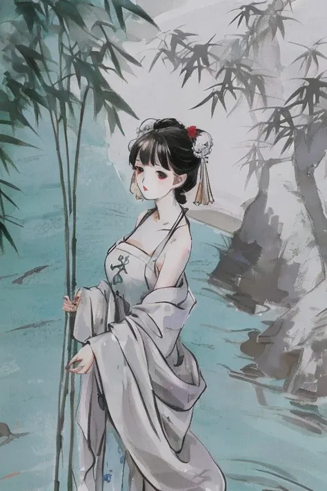 negative space, shuimobysim, girl, woman,bare shoulders, (ecchi0.5), lips, water splash, (trees:0.5), (flowers:0.6) ,(birds:0.2), (bamboo0.1), lakes, Hangzhou, bonian, bonian in background   <lora:Moxin_1010:0.8>