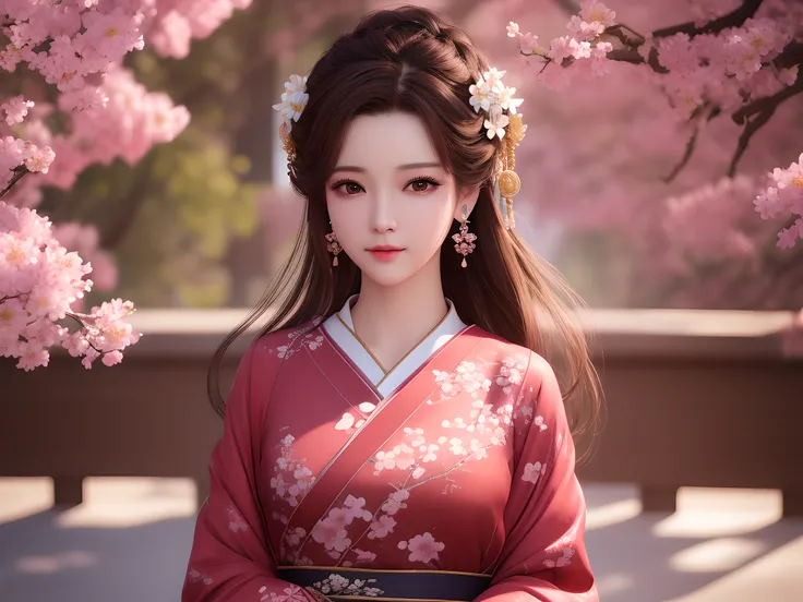 masterpiece,extremely detailed CG unity 8k wallpaper,1girl, beautiful, realistic, blurry, blurry_background, blurry_foreground, branch, brown_hair, plum blossom, depth_of_field, earrings, flower, jewelry, nose, realistic, solo,chinese clothes,fingers hidden, arms hidden,Hair hanging on the chest