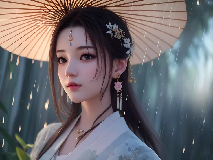 masterpiece,extremely detailed CG unity 8k wallpaper,1girl, beautiful, realistic, blurry, blurry_background, blurry_foreground, bamboo forest, depth_of_field, earrings,jewelry, nose, realistic, solo,chinese clothes,holding oli paper umbrella, rain