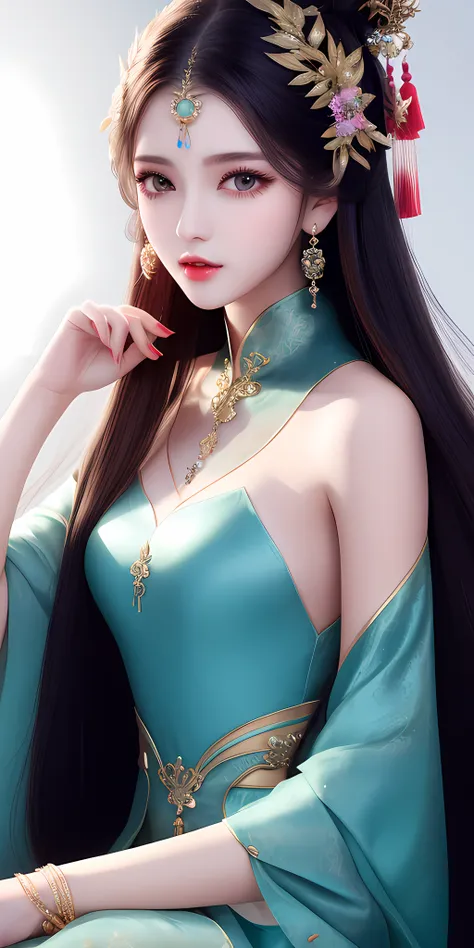 1girl, long_hair, portrait, upper body, china transparent silk dress, dress, hair ornament, necklace, jewelry, long hair, earrings, chinese clothes