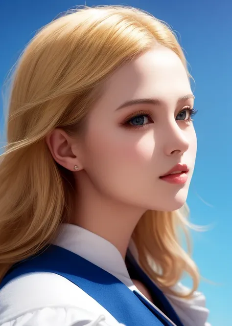front portrait of a beautiful blonde woman, musketeer, sky background, realism