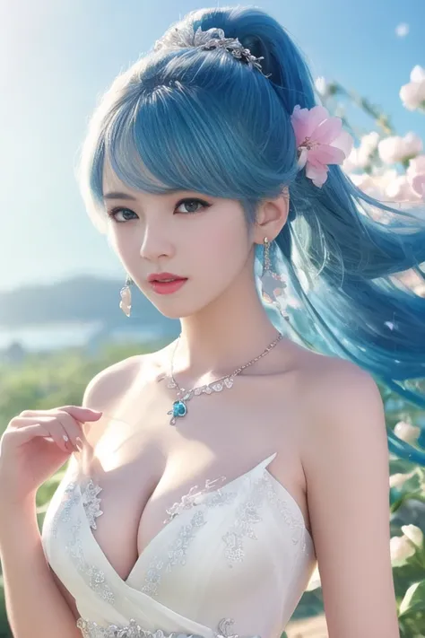 1girl,hight quality,4k,white chiffon dress,realistic,sky blue hair,necklace ,hair ornament,cleavage,flower,tiara,sakura background, <lora:girl_107_5100_txt:0.34>,solo,upper body,ponytail,jewelry,bare shoulders,depth of field,collarbone,