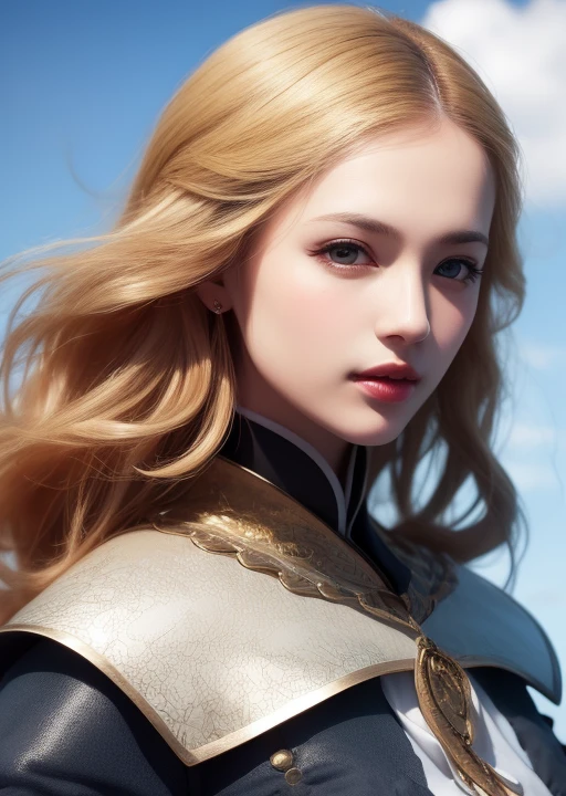 front portrait of a beautiful blonde woman, musketeer, sky background, realism