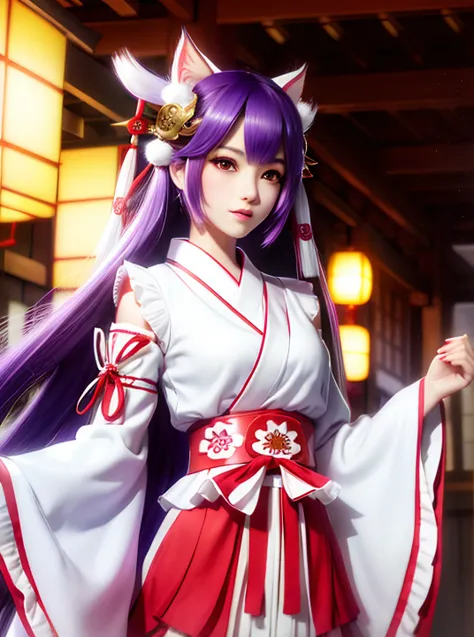 masterpiece, best quality, highres,
illustration,
1girl,
purple hair, purple eyes, kemomimi, medium breasts, bare slim thigh,
hair ornament, (red|white japanese miko clothes:1.25), detached sleeves,
blush,
standing,
lantern, shrine,
detailed face,