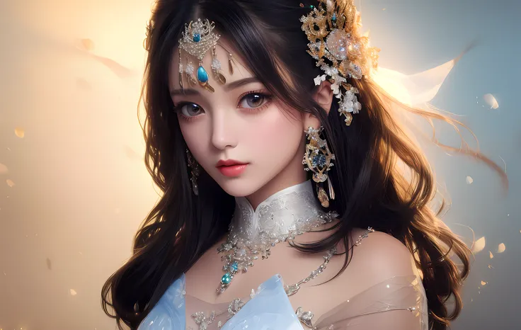 (best quality),((masterpiece)),(highres), original, (extremely detailed 8K wallpaper), overexposure,1girl,(medium breasts),(an extremely delicate and beautiful),(Beautiful and detailed eye description),(Beautiful and detailed facial depiction),(solo),(upper body),arms behind back,Rainskirt,hair ornament, necklace, jewelry,earrings,chinese style architecture,wavy hair,messy hair,swept bangs,, masterpiece, best quality,transparent silk cost,kawaii's face,anime,transparent multicolored clothing