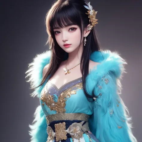 (best quality),((masterpiece)),(highres), original, (extremely detailed 8K wallpaper), overexposure,1girl,(medium breasts),(an extremely delicate and beautiful),(Beautiful and detailed eye description)，(Beautiful and detailed facial depiction),(solo),(upper body),arms behind back,Rainskirt,hair ornament, necklace, jewelry,earrings,chinese style architecture,wavy hair,messy hair,swept bangs,, masterpiece, best quality,transparent feather coat,kawaii's face,anime,light turquoise clothing