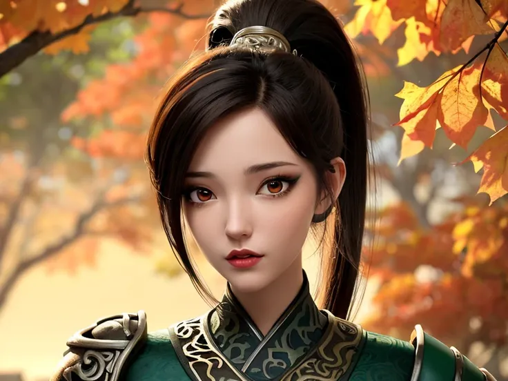 Best quality, masterpiece, 1 girl, brown hair, red eyes, full body portrait, detailed face, beautiful eyes, high ponytail, in autumn ginkgo forest, ancient Chinese architecture, ancient architecture of Tang dynasty, very detailed background

 <lora:xq:0.9>