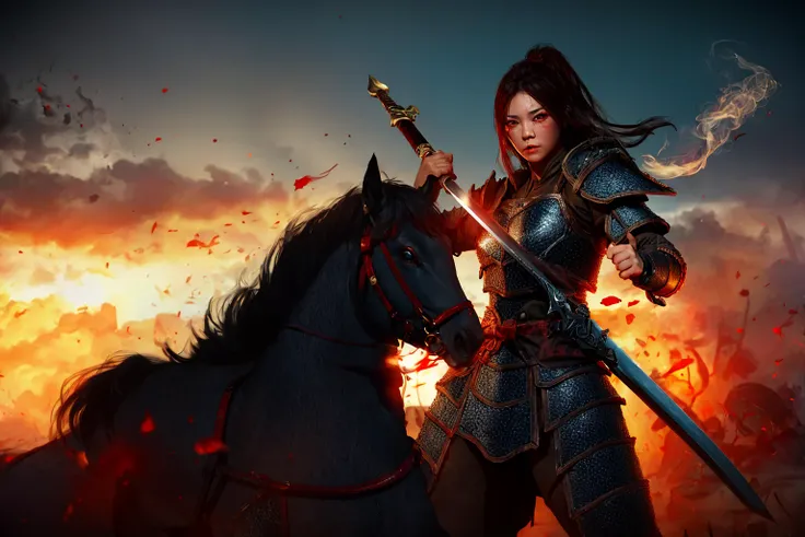 best quality, 8k uhd, dslr, soft lighting, high quality, volumetric lighting, (wh_chi_armor:1.3),1girl,(bloodshot eyes),furious,fight stance, holding sword,heroic,blood on face, blood on clothes,flying blood,battlefield,red flags,smoke,sunset,