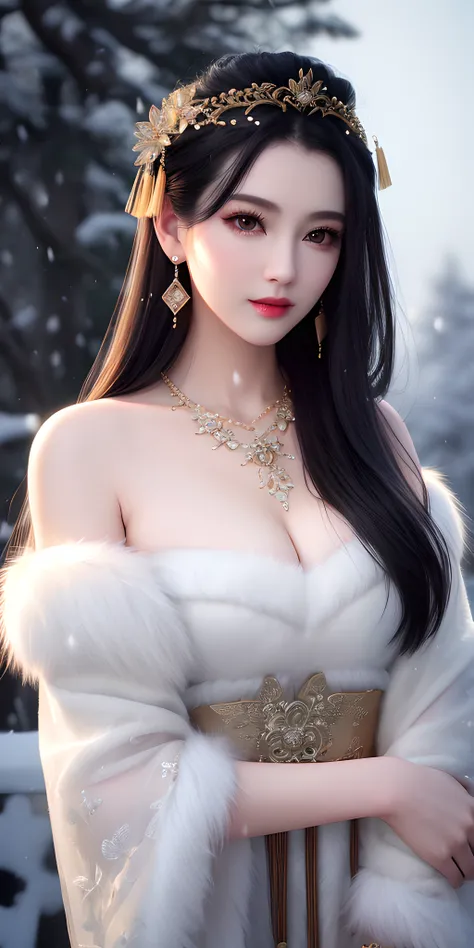 best quality, masterpiece, highres, 1girl, transparent silk china dress, fur coat, hair ornament, smile, closed mouth,lips, dress,hair ornament, necklace, jewelry, chinese clothes, long hair, earrings, detailed beautiful eyes,detailed eyelash, Beautiful face,upon_body, tyndall effect,photorealistic, rim lighting, two tone lighting,(high detailed skin:1.2), 8k uhd, dslr, soft lighting, high quality, volumetric lighting, candid, Photograph, high resolution, 4k, 8k, Bokeh, in forest, falling snow, winter, afternoon