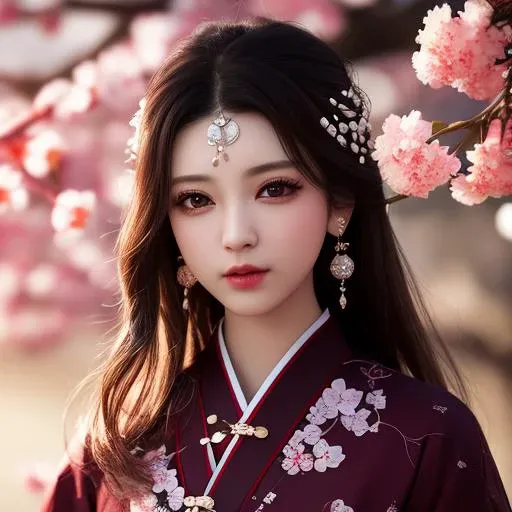 masterpiece,extremely detailed CG unity 8k wallpaper,1girl, beautiful, realistic, blurry, blurry_background, blurry_foreground, branch, brown_hair, plum blossom, depth_of_field, earrings, flower, jewelry, nose, realistic, solo,chinese clothes,fingers hidden, arms hidden