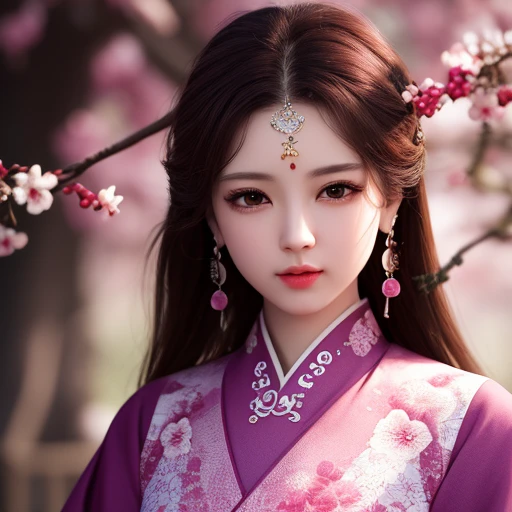 masterpiece,extremely detailed CG unity 8k wallpaper,1girl, beautiful, realistic, blurry, blurry_background, blurry_foreground, branch, brown_hair, plum blossom, depth_of_field, earrings, flower, jewelry, nose, realistic, solo,chinese clothes,fingers hidden, arms hidden