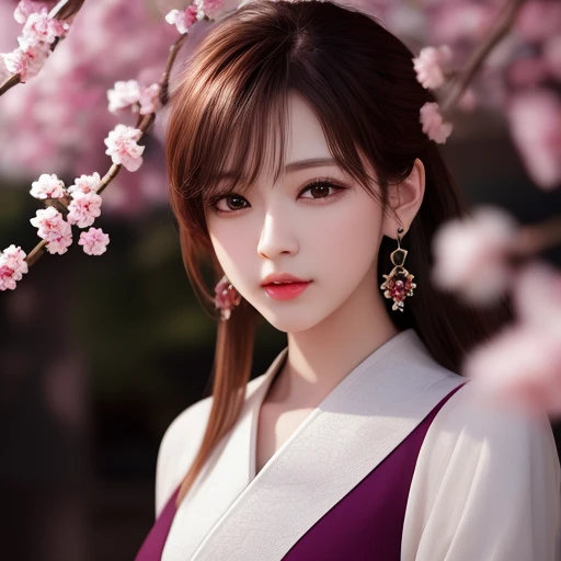 masterpiece,extremely detailed CG unity 8k wallpaper,1girl, beautiful, realistic, blurry, blurry_background, blurry_foreground, branch, brown_hair, plum blossom, depth_of_field, earrings, flower, jewelry, nose, realistic, solo,chinese clothes,fingers hidden, arms hidden