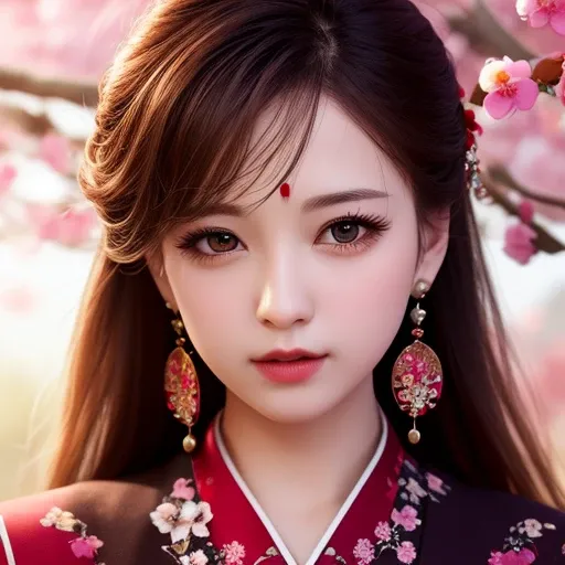 masterpiece,extremely detailed CG unity 8k wallpaper,1girl, beautiful, realistic, blurry, blurry_background, blurry_foreground, branch, brown_hair, plum blossom, depth_of_field, earrings, flower, jewelry, nose, realistic, solo,chinese clothes,fingers hidden, arms hidden