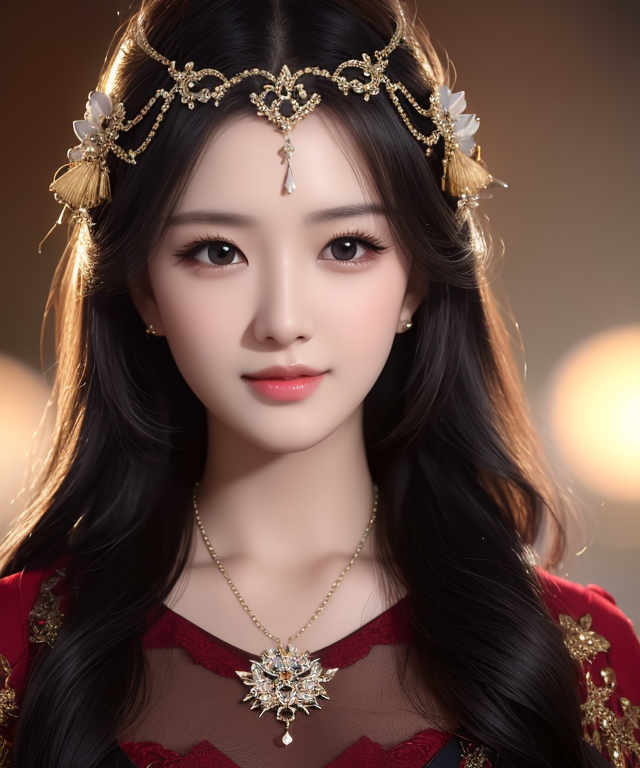 A woman wearing a red dress and a gold headpiece - SeaArt AI