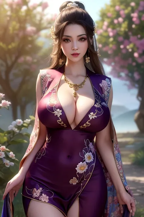 1girl, (large breasts:1.4), cleavage, (silky traditional oriental dress with (floral embroidery:1.2)), tight fitting dress, lips, necklace, earrings, long_hair, looking_at_viewer, mountain, pantyhose, realistic, solo, tree