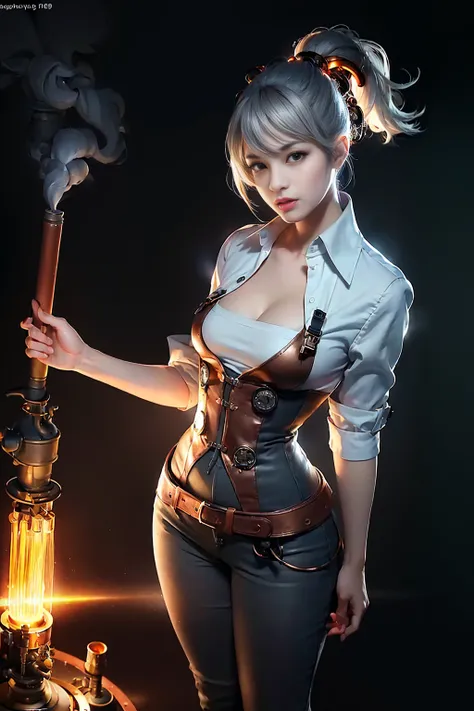 (ultra high res,photorealistic,realistic,best quality,photo-realistic),
(8k, raw photo, best quality, masterpiece),
(photon mapping, radiosity, physically-based rendering,automatic white balance),
technological sense, best quality, masterpiece, illustration,CG ,unity ,wallpaper, official art,
Amazing, finely detail, an extremely delicate and beautiful,extremely detailed,
highly detailed, sharp focus,rich background,blurry background,
(real person,photograph),
(((high detailed skin,visible pores))),1 girl,(((full body))),
(((face close-up,haunting smile,moist lips,short hair))),
((irises and pupils are rounded,the pupil reflects the surroundings,eyes are not the same size)),
((Big eyes,perfect eyes,watery eyes)),
((grey hair,thick bangs,high ponytail,)),
((small breasts)),((Steampunk)),Black bra, Linen shirt,(((vacuum tube,steam, gear,copper, pipeline,Clock, steam engine))),