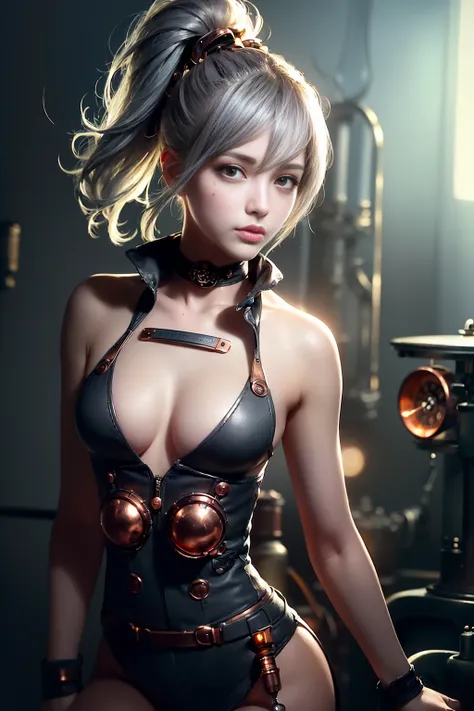 (ultra high res,photorealistic,realistic,best quality,photo-realistic),
(8k, raw photo, best quality, masterpiece),
(photon mapping, radiosity, physically-based rendering,automatic white balance),
technological sense, best quality, masterpiece, illustration,CG ,unity ,wallpaper, official art,
Amazing, finely detail, an extremely delicate and beautiful,extremely detailed,
highly detailed, sharp focus,rich background,blurry background,
(real person,photograph),
(((high detailed skin,visible pores))),1 girl,(((full body))),
(((face close-up,haunting smile,moist lips,short hair))),
((irises and pupils are rounded,the pupil reflects the surroundings,eyes are not the same size)),
((Big eyes,perfect eyes,watery eyes)),
((grey hair,thick bangs,high ponytail,)),
((small breasts)),((Steampunk)),Black bra, Linen shirt,(((vacuum tube,steam, gear,copper, pipeline,Clock, steam engine))),