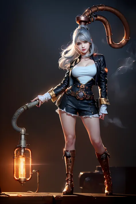 (ultra high res,photorealistic,realistic,best quality,photo-realistic),
(8k, raw photo, best quality, masterpiece),
(photon mapping, radiosity, physically-based rendering,automatic white balance),
technological sense, best quality, masterpiece, illustration,CG ,unity ,wallpaper, official art,
Amazing, finely detail, an extremely delicate and beautiful,extremely detailed,
highly detailed, sharp focus,rich background,blurry background,
(real person,photograph),
(((high detailed skin,visible pores))),1 girl,(((full body))),
(((face close-up,haunting smile,moist lips,short hair))),
((irises and pupils are rounded,the pupil reflects the surroundings,eyes are not the same size)),
((Big eyes,perfect eyes,watery eyes)),
((grey hair,thick bangs,high ponytail,)),
((small breasts)),((Steampunk)),Black bra, Linen shirt,(((vacuum tube,steam, gear,copper, pipeline,Clock, steam engine))),