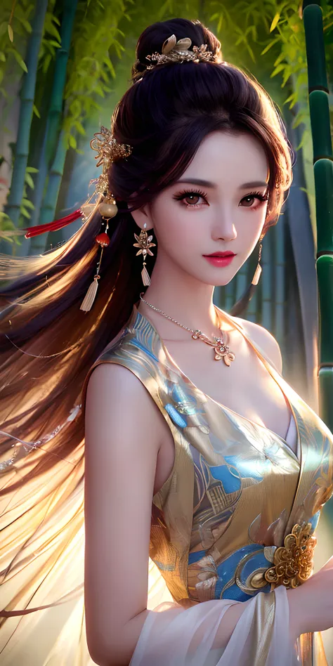 best quality, masterpiece, highres, 1girl, transparent silk china dress, hair ornament, looking at viewer, smile, closed mouth,lips, dress,hair ornament, necklace, jewelry, chinese clothes, long hair, earrings, Beautiful face,upon_body, high quality Beautiful eyes, detailed eyelash, tyndall effect,photorealistic, rim lighting, two tone lighting,(high detailed skin:1.2), 8k uhd, dslr, soft lighting, high quality, volumetric lighting, candid, Photograph, high resolution, 4k, 8k, Bokeh, bamboo forest, falling bamboo forest leaves
