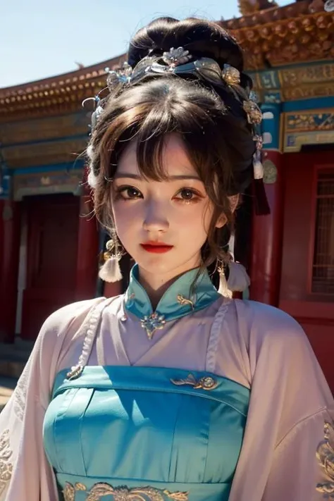 best quality, masterpiece, highres, 1girl,china dress, happy and cute face, intricated hair ornament,necklace, jewelry,Beautiful face,upon_body, tyndall effect,photorealistic, dark studio, rim lighting, two tone lighting,(high detailed skin:1.2), 8k uhd, dslr, soft lighting, high quality, volumetric lighting, candid, Photograph, high resolution, 4k, 8k, Bokeh,  <lora:fashionGirl_v50:0.6> .<lora:hanfu_v28:0.9>,  <lora:ancientChineseArchitectural_v10Gugong:0.8=7>, building