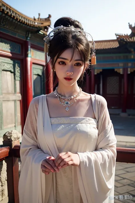 best quality, masterpiece, highres, 1girl,china dress,hair ornament,necklace, jewelry,Beautiful face,upon_body, tyndall effect,photorealistic, dark studio, rim lighting, two tone lighting,(high detailed skin:1.2), 8k uhd, dslr, soft lighting, high quality, volumetric lighting, candid, Photograph, high resolution, 4k, 8k, Bokeh, <lora:fashionGirl_v50:0.5> .<lora:hanfu_v28:0.8>, Jinstyle, <lora:ancientChineseArchitectural_v10Gugong:0.8>, building