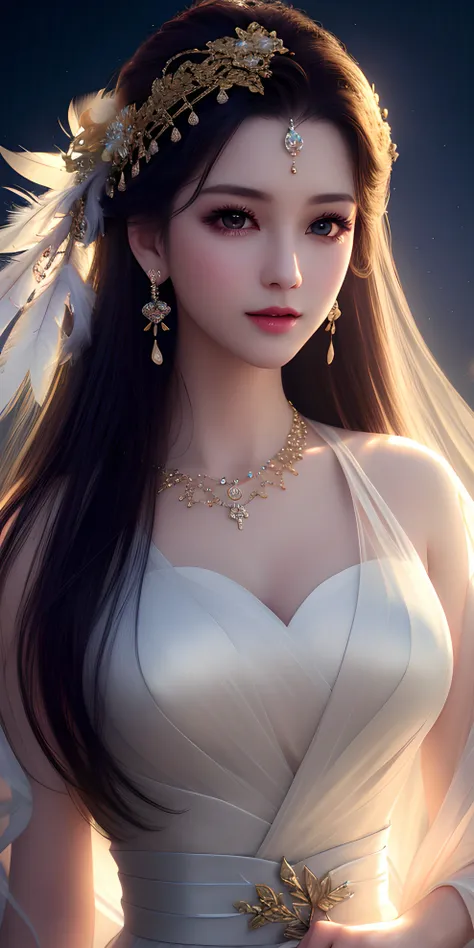 (best quality, masterpiece, high resolution), 1girl,(portrait), white transparent silk china dress, smile, closed mouth,lips, dress, chinese cloth, necklace, jewelry, long hair, earrings, Beautiful face,upon_body, tyndall effect,photorealistic, rim lighting, two tone lighting,(high detailed skin:1.2), 8k UHD, DSLR, soft lighting, high quality, volumetric lighting, candid, high resolution, 4k, 8k, Bokeh, dream forest, feather drop effect, morning, close-up view