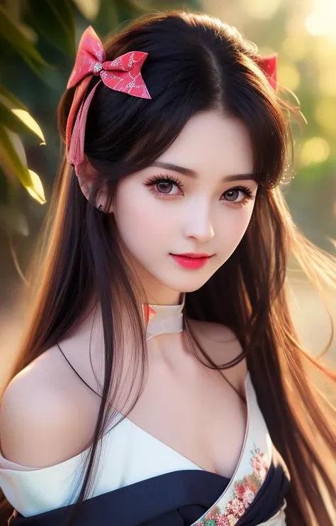 masterpiece,best quality,upper body,1girl,(beautiful face), realistic,long hair, blackhair,(hair bow),(small breasts),(off shoulder),(breast out),(nipple flick),hanfu,looking at viewer, , <lora:hanfuChinese_v10:0.1>,hanfu,facing viewer,light smile,