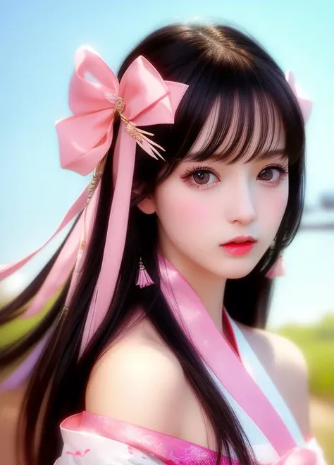masterpiece,from side,upper body,best quality,1girl,((beautiful face)), realistic,long hair,(blush), black hair,(hair bow),(off shoulder),hanfu,small breasts ,((naked)),<lora:hanfuChinese_v10:0.3>,hanfu,pink clothes,nsfw,
