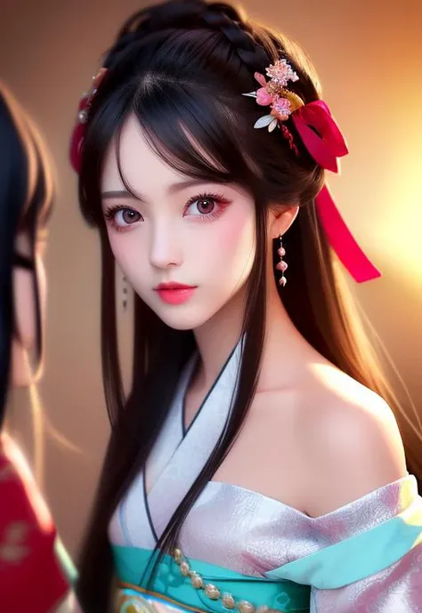 masterpiece,best quality,upper body,2girl,(beautiful face), realistic,long hair, blackhair,(hair bow),(small breasts),(off shoulder),hanfu,<lora:hanfuChinese_v10:0.4>,hanfu,