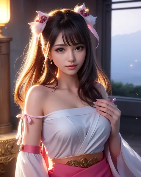 (8k), RAW photo, best quality, ultra high res,( realistic),( Kpop idol),( aegyo sal:1), cute, 1girl,( outdoor), bokeh,( night),( shrine lamp lights), smile, solo, looking a viewer, solo, beautiful and delicate detailed girl, yae miko, detached sleeves, bare shoulders, pink hair, long hair, japanese clothes, best quality, tail, detailed hands, detailed fingers, shadow lighting, jewelry, earrings, ribbon trim, white skirt, white dress, thick lips, professional lighting, detailed lighting, photon mapping, radiosity, physically-based rendering,(((((((((((((((((((((((((((((((((((((((( <lora:koreanDollLikeness_v10>)))))))))))))))))))))))))))))))))))))))), backlighting, depth of field, natural lighting, hard focus, film grain, one meter shooting distance, professional photoshoot, photographed with a Sony a9 II Mirrorless Camera, detailed eyes, realistic eyes, detailed shadow, dog ears, detailed lighting,( detailed hair), realistic hair, realistic lighting, realistic shadow, realistic outfit, realistic skin, soft reflection of light from above, pink dog ears, realistic soft dog ears fur, realistic fabric, fibers of the clothing fabric, realistic hand wrinkles, realistic eyes