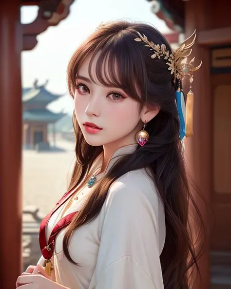 best quality, masterpiece, upper body,highres, 1girl,Beautiful face,hair ornament, realistic,(small breasts),(solo:1),looking at viewer,lips, dress,hair ornament, necklace, jewelry,( absurdly long hair:1.4), earrings, chinese clothes, architecture,east asian architecture ,hanfu, (photorealistic:1.4),ultra high res, best quality,blush with shame,hair strand,(expressive hair:1.4),<lora:chilloutmixss20_v20:0.4>,  <lora:3loraGuofeng3Lora_v32LoraBigLight:1.6>