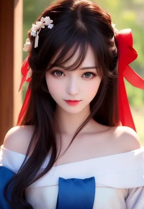 masterpiece,best quality,feet out of frame,1girl,(beautiful face), realistic,long hair, blackhair,(hair bow),(off shoulder),hanfu,looking at viewer, small breasts, <lora:hanfuChinese_v10:0.1>,hanfu,facing viewer,light smile,